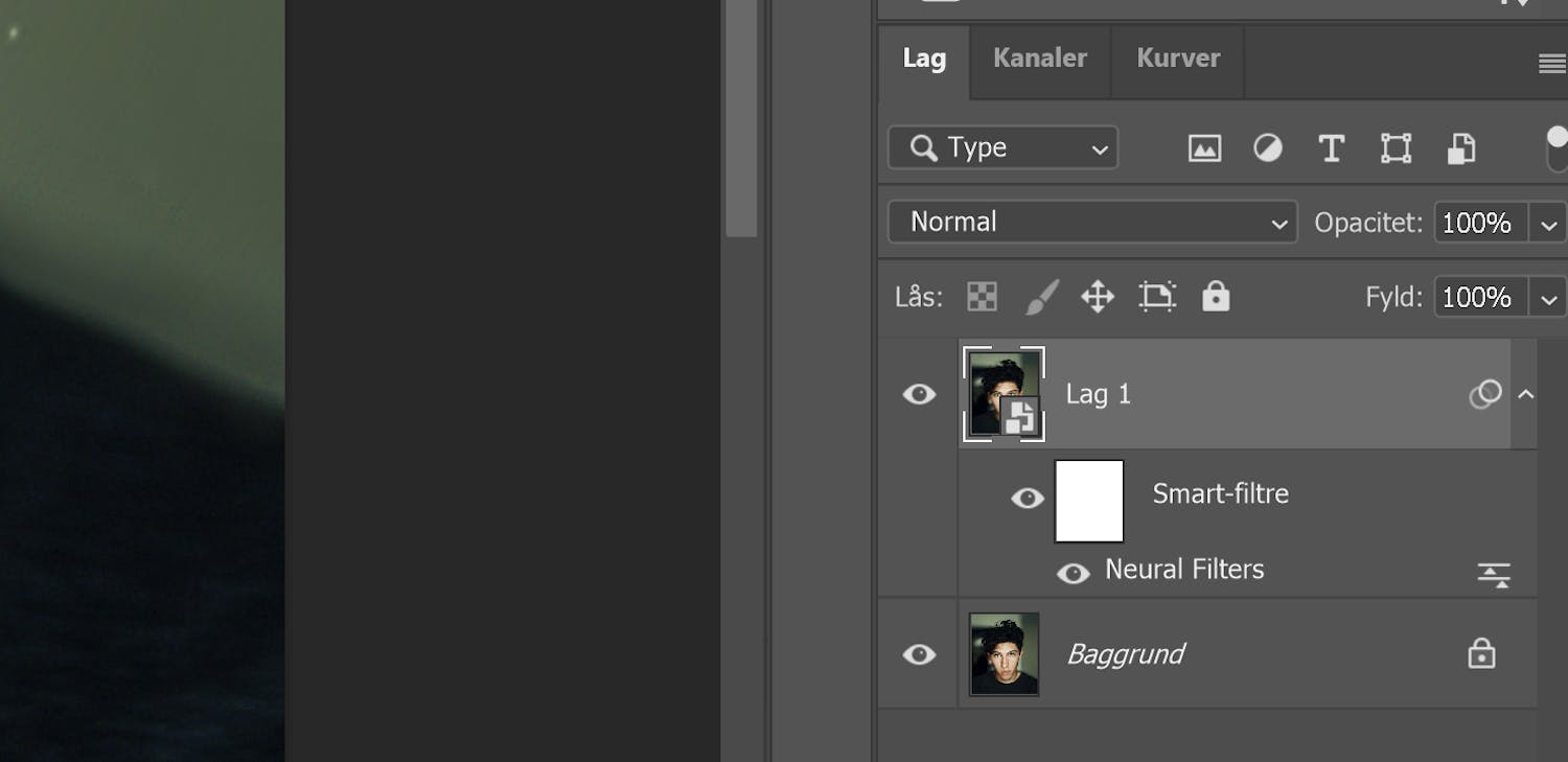 smartfilteret laegges paa laget klickar på lager med Smart-filter i Photoshop